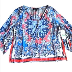 Karen Kane Paisley Print Women's Top, Blouson 3/4 sleeve,  Blue Red White L NWT